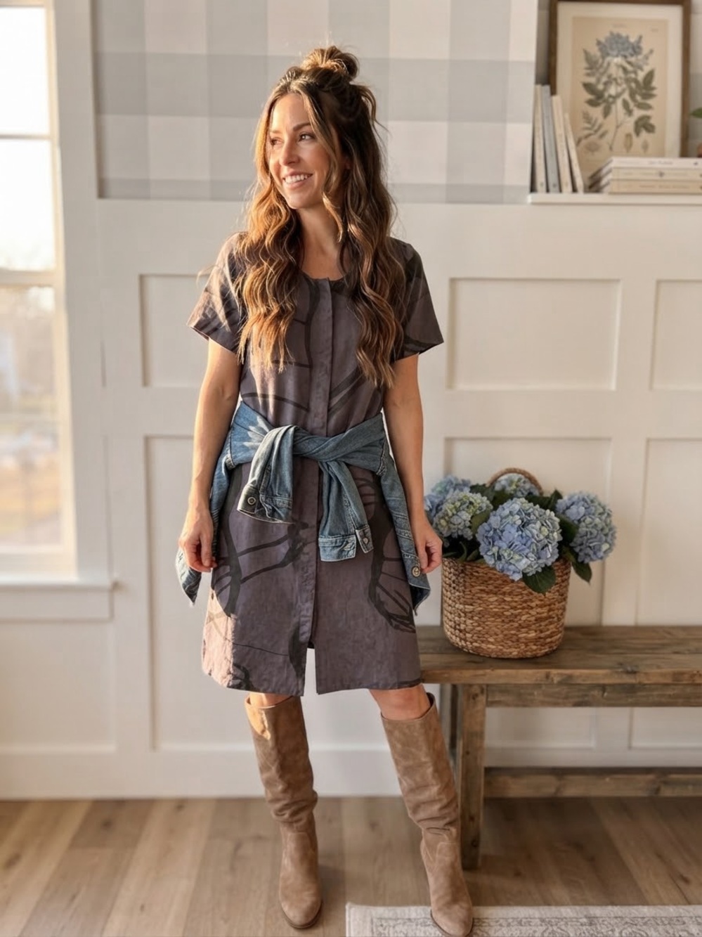 Grizas Taupe-Brown Short Sleeve Midi Dress with Abstract Print Large